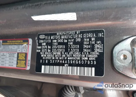 2019 Kia Sorento 3.3L Ex Sport из США, поврежденный, VIN 5XYPH4A59KG607939